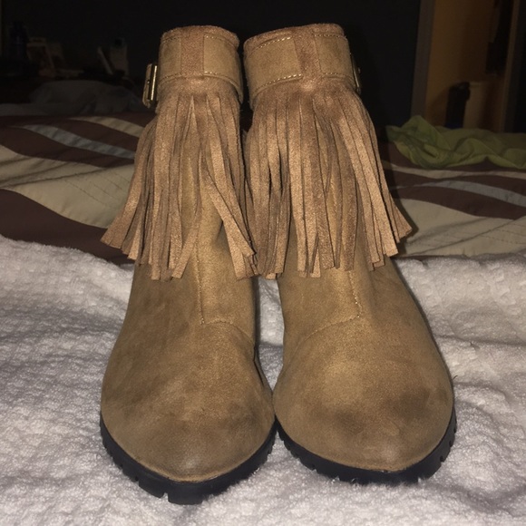 Tan Suede Fringe Wedge Booties - Picture 6 of 8